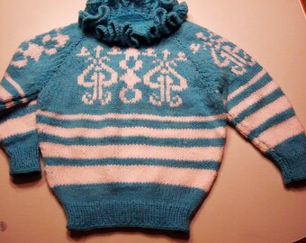 Girls Sweater with Ruffles size 5-6 aqua blue & white ornament