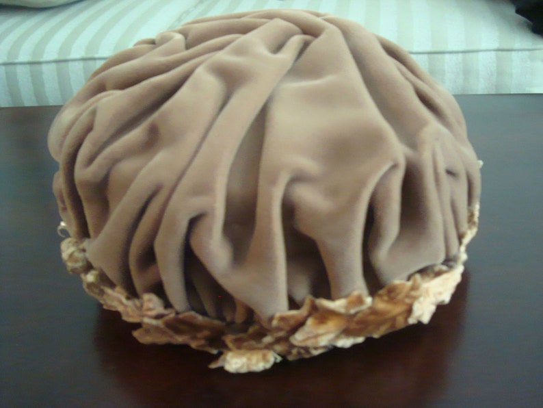 Vintage 1960s Ruched Velvet Hat Taupe Color USA Union Made Darsel Exclusive