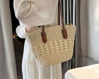 Bolso de paja de verano para mujer: bolso de hombro con asa superior de ratán tejido, bolso de playa de crochet de rafia hueca para viajes informales.