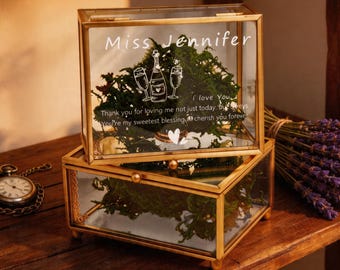 Custom Wedding Glass Ring Box | Personalized Name Gold Trim Jewelry Case | Engagement Gift, Bridal Shower Keepsake