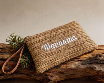 Customized woven handbag | Personalized Embroidered Name Summer Wristlet | Bridesmaid Gift, Beach Wedding Favor