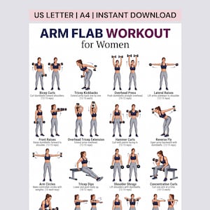 May include: A digital workout chart titled ARM FLAB WORKOUT for Women, featuring illustrations of a person performing various exercises with dumbbells, including bicep curls, tricep kickbacks, overhead presses, lateral raises, and other movements.