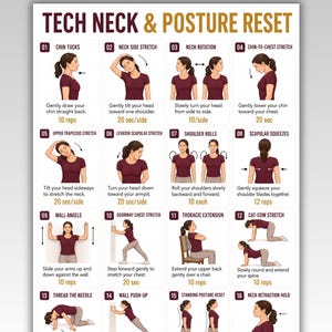 Op de afbeelding: Een digitale poster getiteld Tech Neck & Posture Reset met zestien genummerde illustraties van een persoon in een bordeauxrood shirt die fysieke oefeningen uitvoert. Elke sectie bevat de naam van de oefening, instructies en het aantal herhalingen.