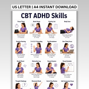 Może przedstawiać: Cyfrowy wydruk zatytułowany CBT ADHD Skills, dostępny do pobrania w formacie US Letter lub A4. Dokument zawiera siatkę dwunastu pól instruktażowych, z których każde ilustruje technikę za pomocą tekstu oraz zdjęcia przedstawiającego osobę.