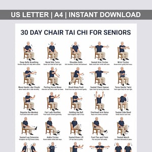 May include: A printable guide for a 30-day chair Tai Chi program for seniors. The guide features illustrations of various exercises, including Deep Belly Breathing, Shoulder Rolls, and Ankle Circles. The text at the top reads "US LETTER | A4 | INSTANT DOWNLOAD."