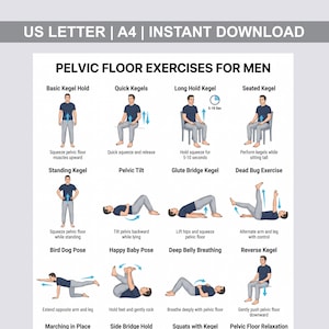 Peut inclure: Infographie blanche présentant des "EXERCICES DU PLANCHER PELVIEN POUR HOMMES", avec des illustrations d'exercices tels que Basic Kegel Hold et Quick Kegels. Le texte "US LETTER | A4 | INSTANT DOWNLOAD" est en haut.