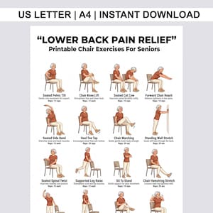 Peut inclure: Tableau d'exercices imprimable intitulé "LOWER BACK PAIN RELIEF" pour seniors. Il présente des illustrations d'exercices sur chaise, comme le Seated Spinal Twist et le Sit To Stand, avec des instructions et le nombre de répétitions.