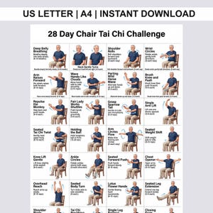 Puede incluir: Una tabla de instrucciones para el 28 Day Chair Tai Chi Challenge con una cuadrícula de ilustraciones que muestran a una persona con camisa azul y pantalones beige realizando varios ejercicios sentados, con etiquetas e instrucciones.