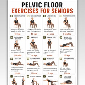 May include: A white informational poster titled Pelvic Floor Exercises for Seniors featuring sixteen numbered illustrations of a person performing various exercises. The text includes instructions for each movement, such as Kegel contractions, bridge, and child's pose.