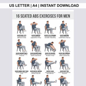 16 Seated Abs Exercises for Men Printable, Chair Core Workout Poster, Strong Seated Ab Exercise Chart, Fitness PDF Digital Download