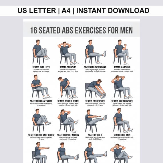 16 Seated Abs Exercises for Men Printable, Chair Core Workout Poster, Strong Seated Ab Exercise Chart, Fitness PDF Digital Download