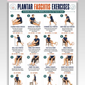 May include: A white informational poster titled Plantar Fasciitis Exercises featuring sixteen numbered illustrations of a person performing various foot and heel stretches, including text instructions for each movement and a US Letter and A4 size label.