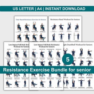 May include: A bundle of printable exercise guides for seniors. The guides include chair-based resistance exercises, resistance band workouts, low-impact full-body resistance workouts, and dumbbell workouts. The bundle is available for instant download.