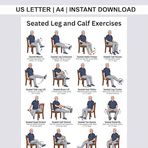 May include: A digital instructional chart titled Seated Leg and Calf Exercises, featuring twelve illustrations of a person in a blue shirt and gray pants sitting on a wooden chair, demonstrating various movements with arrows and text instructions.