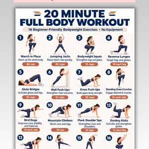Könnte beinhalten: Ein weißes Informationsplakat mit dem Titel 20 MINUTE FULL BODY WORKOUT, das 16 nummerierte Illustrationen von Körpergewichtsübungen zeigt. Jeder Abschnitt enthält den Namen der Übung, eine kurze Beschreibung und Wiederholungszahlen in Dunkelblau und Braun.