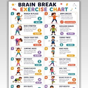 May include: A Brain Break Exercise Chart with 16 numbered activities including march in place, arm circles, side stretch, shoulder shrugs, toe touches, torso twists, jumping jacks, knee hugs, sky reach, side step touch, power punches, heel taps, animal crawl, balance, squats, and deep breaths.