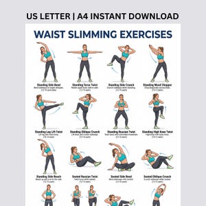 Op de afbeelding: Een digitale poster getiteld WAIST SLIMMING EXERCISES met twaalf geïllustreerde figuren in blauwgroene sportbeha's en zwarte leggings die verschillende staande en zittende bewegingen demonstreren met beschrijvende tekstlabels en herhalingsaantallen.