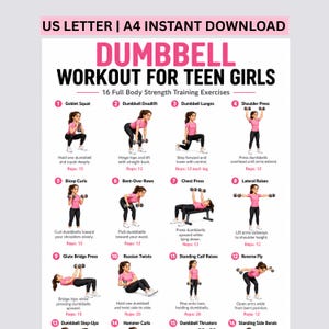 May include: A digital workout chart titled DUMBBELL WORKOUT FOR TEEN GIRLS featuring 16 numbered strength training exercises with illustrations of a person performing each move using dumbbells, including text instructions and repetition counts.
