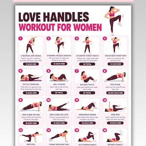 May include: A digital workout chart titled LOVE HANDLES WORKOUT FOR WOMEN featuring sixteen numbered illustrations of exercises. Each section includes a pink-clad figure demonstrating movements like side bends, crunches, and planks with text instructions.