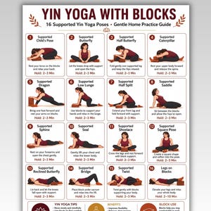 May include: A digital instructional chart titled Yin Yoga with Blocks featuring 16 numbered illustrations of a person in various yoga poses using brown blocks. The text includes pose names, instructions, hold times, yoga tips, benefits, and block use.