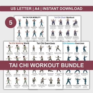 May include: A bundle of Tai Chi workout guides. The guides include illustrations of various Tai Chi exercises, such as mobility, chair workouts, walking, and balance exercises. The text "Tai Chi Workout Bundle" is displayed prominently.