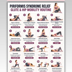 May include: A digital chart titled Piriformis Syndrome Relief Glute & Hip Mobility Routine, featuring 16 numbered illustrations of exercises. Each section includes a descriptive title, instructions, and duration or repetition counts for US Letter size.