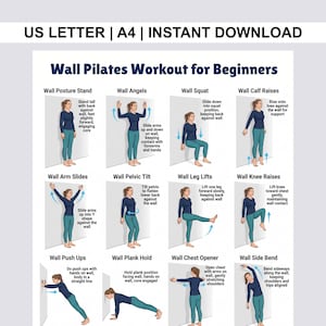 May include: A digital print titled "Wall Pilates Workout for Beginners" with illustrated exercises. The exercises include wall posture stand, wall angels, wall squat, wall calf raises, wall arm slides, wall pelvic tilt, wall leg lifts, wall knee raises, wall push ups, wall plank hold, wall chest opener, and wall side bend.