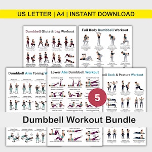 May include: A bundle of five dumbbell workout guides. Each guide features illustrated exercises for various muscle groups, including glutes, legs, full body, arms, and lower abs. The guides are labeled with titles like "Dumbbell Glute & Leg Workout" and "Full Body Dumbbell Workout".