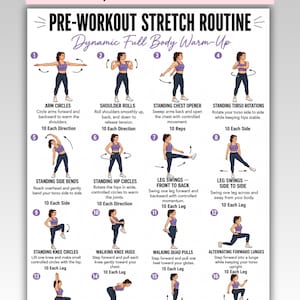 Puede incluir: Un póster digital titulado PRE-WORKOUT STRETCH ROUTINE Dynamic Full Body Warm-Up que muestra dieciséis ilustraciones numeradas de una persona con top morado y leggings negros realizando varios ejercicios con instrucciones y repeticiones.