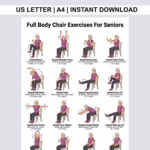 Full Body Chair Exercises For Seniors, Seated Exercise Chart, Low Impact Gentle, Sitting No Equipment Elderly Home Fitness, Seated Workout