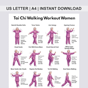 Può includere: Un grafico didattico intitolato "Tai Chi Walking Workout Women" con illustrazioni di vari esercizi di Tai Chi. Il grafico include testo che descrive ogni esercizio, come "Neck & Shoulder Rolls" e "Torso Twists", con informazioni sulla durata e le ripetizioni.
