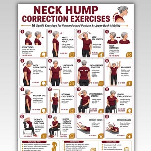 May include: An instructional poster titled NECK HUMP CORRECTION EXERCISES featuring 16 numbered illustrations of a person in a maroon shirt performing movements for forward head posture and upper-back mobility, including text for US LETTER and A4.