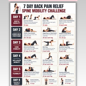 May include: A 7-day back pain relief and spine mobility challenge chart featuring illustrations of various exercises. The document includes text for daily routines, specific movement instructions, and repetition counts for each activity.