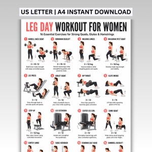 May include: A white informational poster titled LEG DAY WORKOUT FOR WOMEN featuring 16 numbered exercise illustrations. Each section displays a figure in red and black athletic wear performing movements like squats, lunges, and deadlifts with text descriptions.