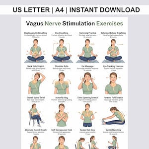Pode incluir: Um gráfico digital intitulado Vagus Nerve Stimulation Exercises com dezasseis passos ilustrados para relaxamento. O texto inclui US Letter e A4 Instant Download. Cada secção mostra uma pessoa com uma t-shirt verde a realizar movimentos como respiração diafragmática, respiração quadrada, zumbido, alongamento do pescoço, rotação dos ombros, massagem auricular, seguimento ocular, torção espinal, abraço de borboleta, abertura do peito, flexão frontal, respiração alternada, autocompaixão, gato-vaca e marcha suave.