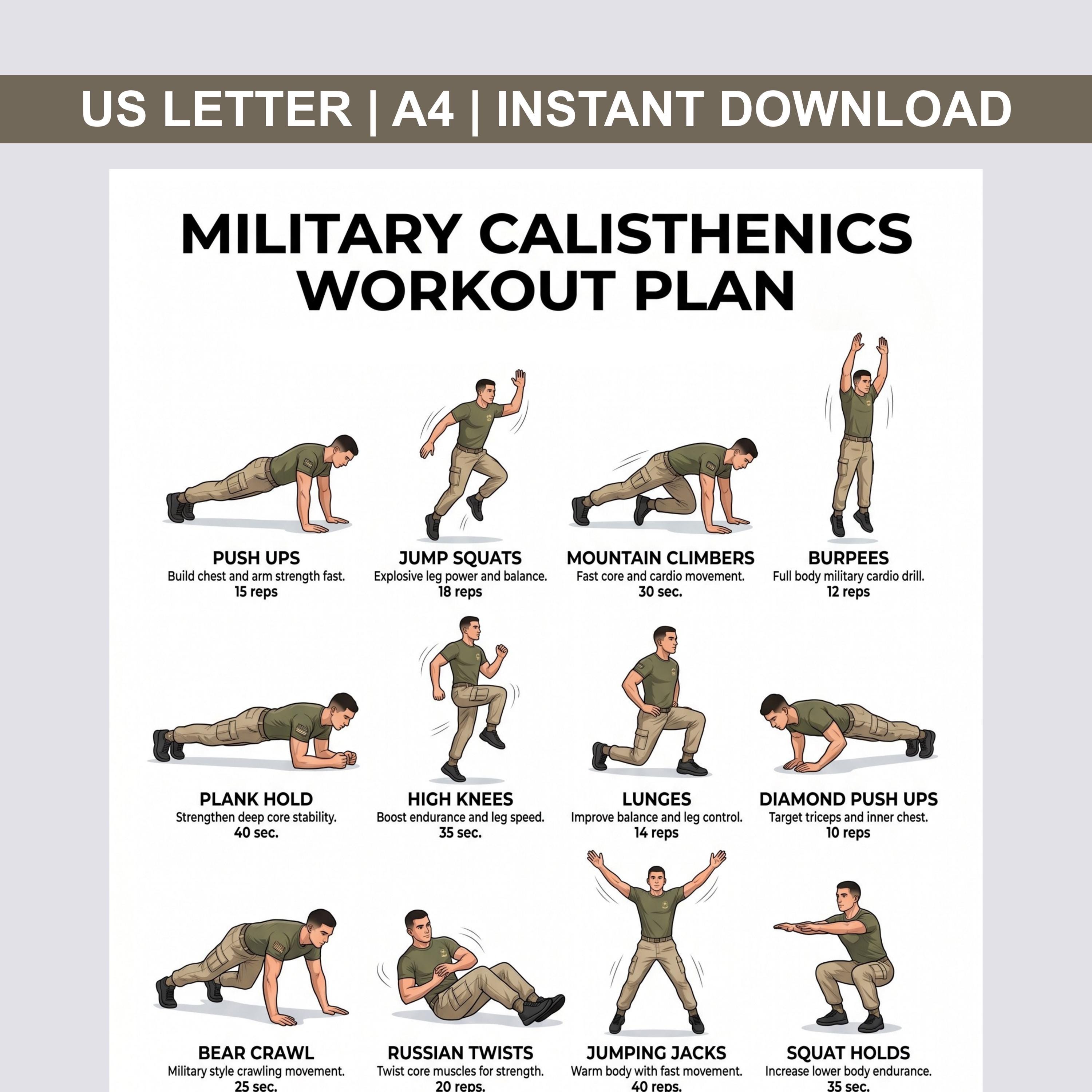Military Calisthenics Workout Plan, Bodyweight Exercises Chart, Home ...