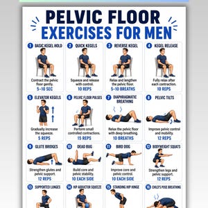 Könnte beinhalten: Ein Lehrplakat mit dem Titel Pelvic Floor Exercises for Men, das sechzehn nummerierte Illustrationen einer Person zeigt, die verschiedene körperliche Bewegungen wie Sitzen, Liegen und Hocken ausführt, mit Textanweisungen für jede Übung.