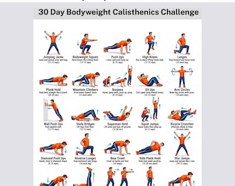 30-dagars Calisthenics-utmaningsträningsschema, träningsprogram för kroppsvikt hemma, utskrivbar nybörjarträning hemma med helkroppsövningar i PDF-format