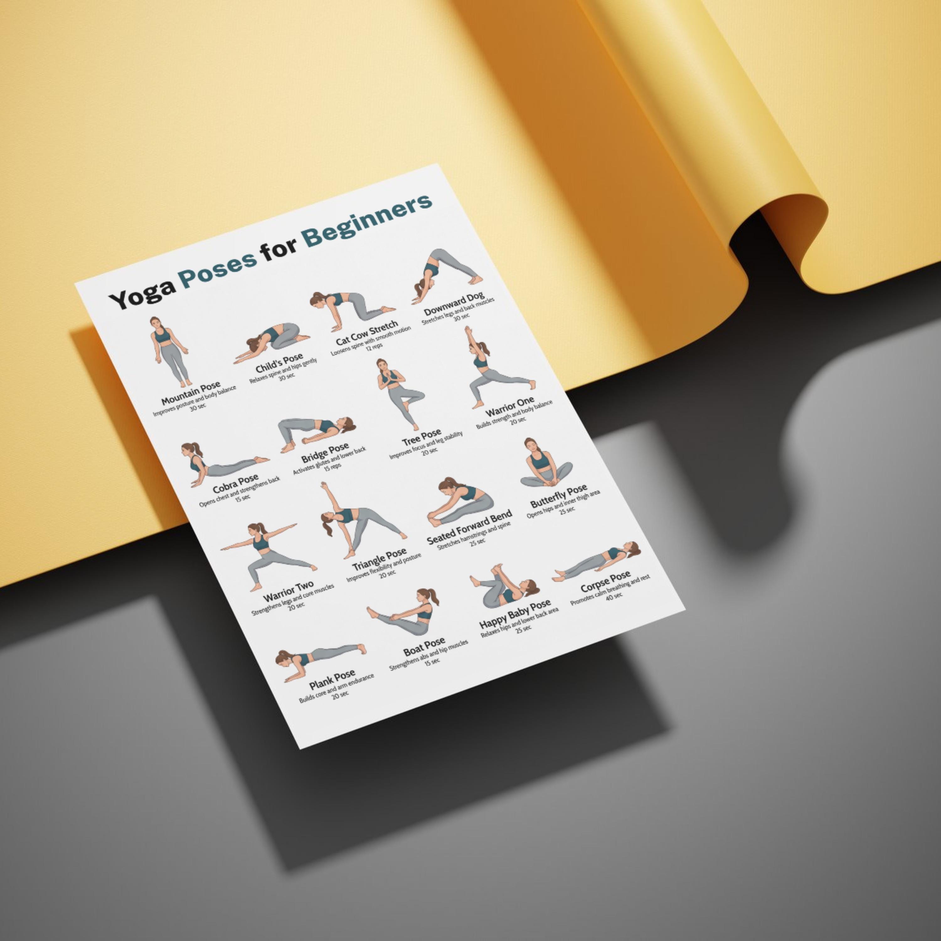 Printable Yoga Poses for Beginners Chart, 16 Asanas Yoga Routine PDF