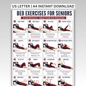 Puede incluir: Un póster digital titulado BED EXERCISES FOR SENIORS que presenta 16 ilustraciones numeradas de una persona realizando movimientos físicos suaves en una cama. Cada sección incluye instrucciones, repeticiones y flechas de movimiento.