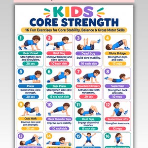 Puede incluir: Un póster digital titulado KIDS CORE STRENGTH que presenta 16 ilustraciones numeradas de ejercicios. Cada recuadro muestra a un niño con ropa azul realizando un movimiento como gateo de oso, plancha o salto de estrella, con texto descriptivo.