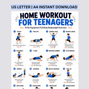 Op de afbeelding: Een wit informatieposter getiteld HOME WORKOUT FOR TEENAGERS met 16 genummerde illustraties van oefeningen. Elke sectie bevat een blauwe genummerde cirkel, de naam van de oefening, een cartoonfiguur en bijbehorende instructies.
