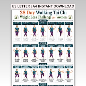 Może przedstawiać: Tabela 28-dniowego wyzwania odchudzającego Tai Chi w formacie US Letter i A4. Dokument zawiera siatkę paneli instruktażowych z ilustracjami osoby w turkusowej koszulce i fioletowych spodniach, prezentującej różne ruchy ćwiczeniowe.