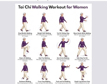 Tai Chi-gångträning för kvinnor, Tai Chi-gång för seniorer, Tai Chi-gångdiagram, Tai Chi-övningar för seniorer för utskrift, övningar i PDF-format