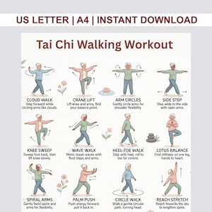 Può includere: Una stampa digitale intitolata "Tai Chi Walking Workout" con illustrazioni di posizioni di Tai Chi. Ogni posa, come "Cloud Walk" e "Crane Lift", ha un testo descrittivo. Download immediato.