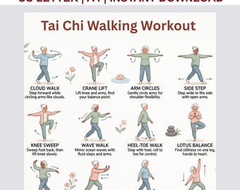 Gång Tai Chi för seniorer, Tai Chi gångdiagram, Skonsam Rörlighetsträning, PDF-övning, digital nedladdning