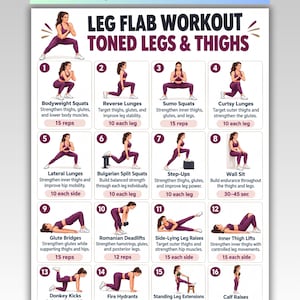 Op de afbeelding: Een digitale trainingskaart getiteld Leg Flab Workout Toned Legs & Thighs, met zestien genummerde illustraties van een persoon in paarse sportkleding die diverse oefeningen uitvoert, inclusief tekstbeschrijvingen en aantallen herhalingen.
