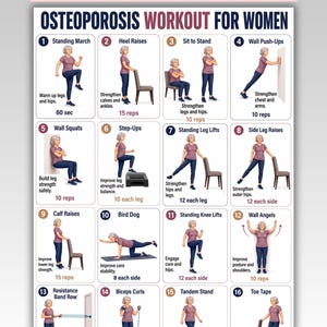May include: A digital workout chart titled Osteoporosis Workout for Women, featuring sixteen numbered illustrations of a person performing various exercises like standing marches, wall push-ups, and squats, with text instructions and repetition counts.