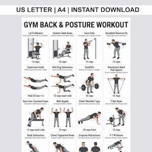 Rygg- och hållningsträning för män 40+ | Utskrivbart diagram för ryggträning i PDF-format | Hållningsträningsrutin | Fitnessaffischguide