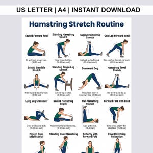 Può includere: Un poster digitale intitolato Hamstring Stretch Routine che presenta dodici esercizi illustrati con etichette di testo e istruzioni. Il layout include opzioni di formato US Letter e A4 per questa guida scaricabile istantaneamente.